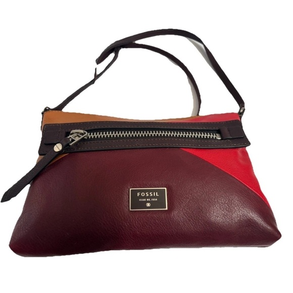 Fossil crossbody shoulderbag Leather Patchwork Burgundy Purse Organizer - Picture 4 of 11